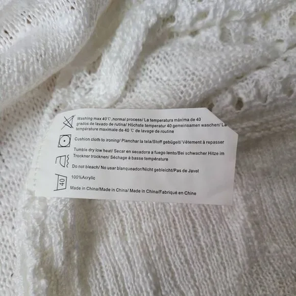 White open knit longer length cardigan open front boho minimalist beachy neutral - Picture 6 of 7